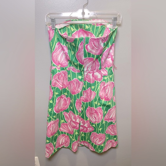Lilly Pulitzer Women's Towering‎ Tulips Pink Green Strapless Dress Size 6 - Picture 2 of 3